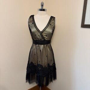 Vintage Baraschi Champagne Black Mesh Overlay Dress Size 8
